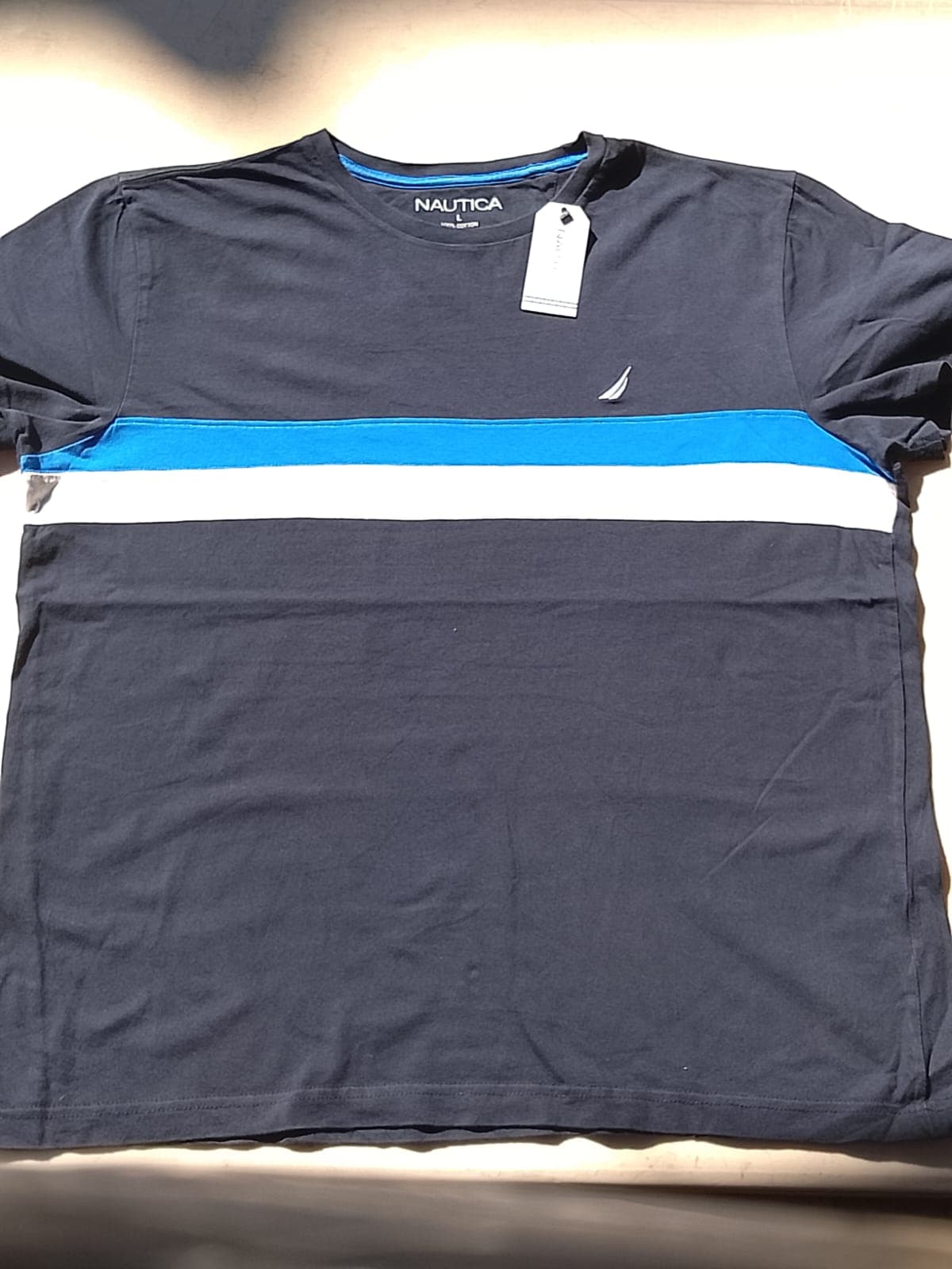 NAUTICA ORIGINAL - PLAYERA AZUL MARINO RAYAS AZUL/BLANCO - TALLA L - 100% COTTON - NUEVA CON ETIQUETA