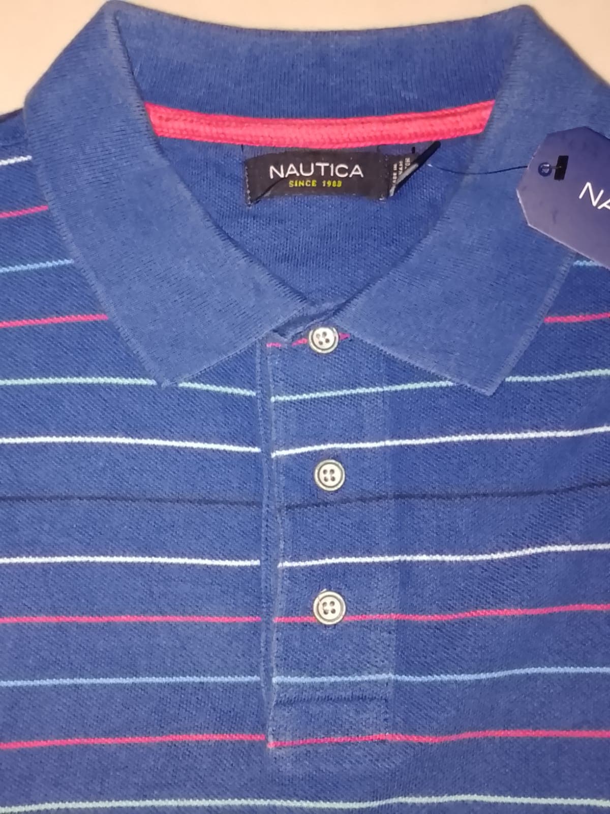NAUTICA ORIGINAL - Polo Rayas - Azul Marino con Rayas Multicolor - - NUEVO CON ETIQUETA